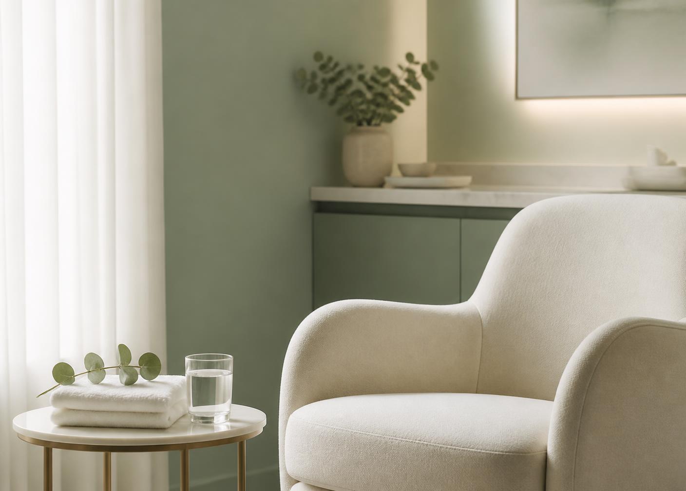 Calm cream and sage consultation space at Dartmoor Aesthetics